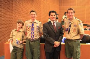 Joseph N. Akrotirianakis of Hobart Linzer LLP, himself an Eagle Scout, with Boy Scouts at Law Merit Badge Day
